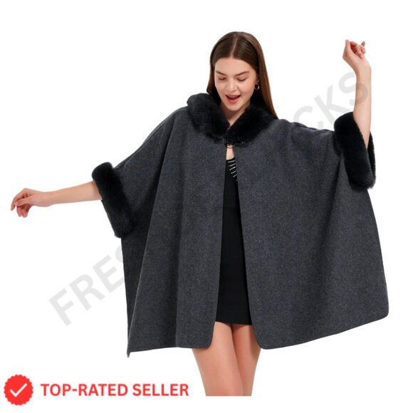 Wool Blend Cardigan Shawl Cape Cloak Hoodie Coat Elegant Winter Warm Oversized - Picture 7 of 7